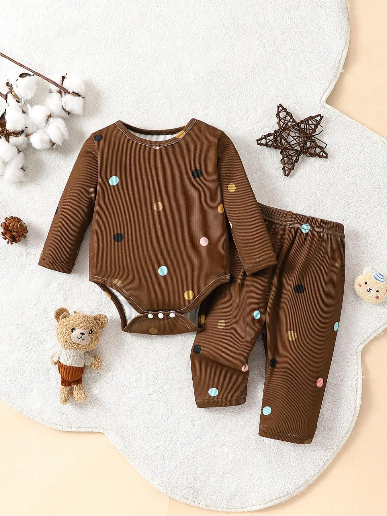 Girl's Polka Dot Print Long Sleeve Bodysuit & Elastic Waist Pants Two-piece Set, Casual Spring & Fall Outfits Clothes for Kids