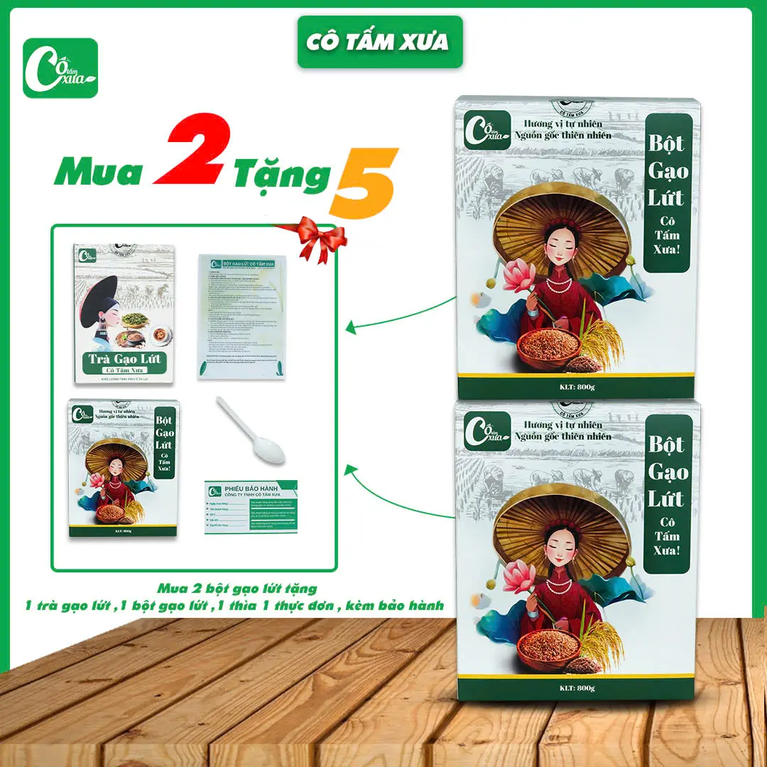 [ MUA 2 TẶNG 5 ] Mua 2 Hộp Bột Gạo Lứt Cô Tấm Xưa Tặng [ 1 HỘP BỘT GẠO LỨT + 1 HỘP TRÀ GẠO LỨT ] + 1 Thìa Đong Bột + 1 Thực Đơn + Phiếu Bảo Hành
