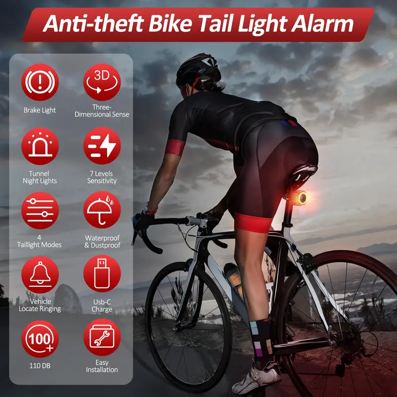 Smart Bike Tail Light, Bike Brake Light, Auto on/Off Anti Theft Bike Alarm with Remote, LED Rechargeable Bicycle Tail Light 2