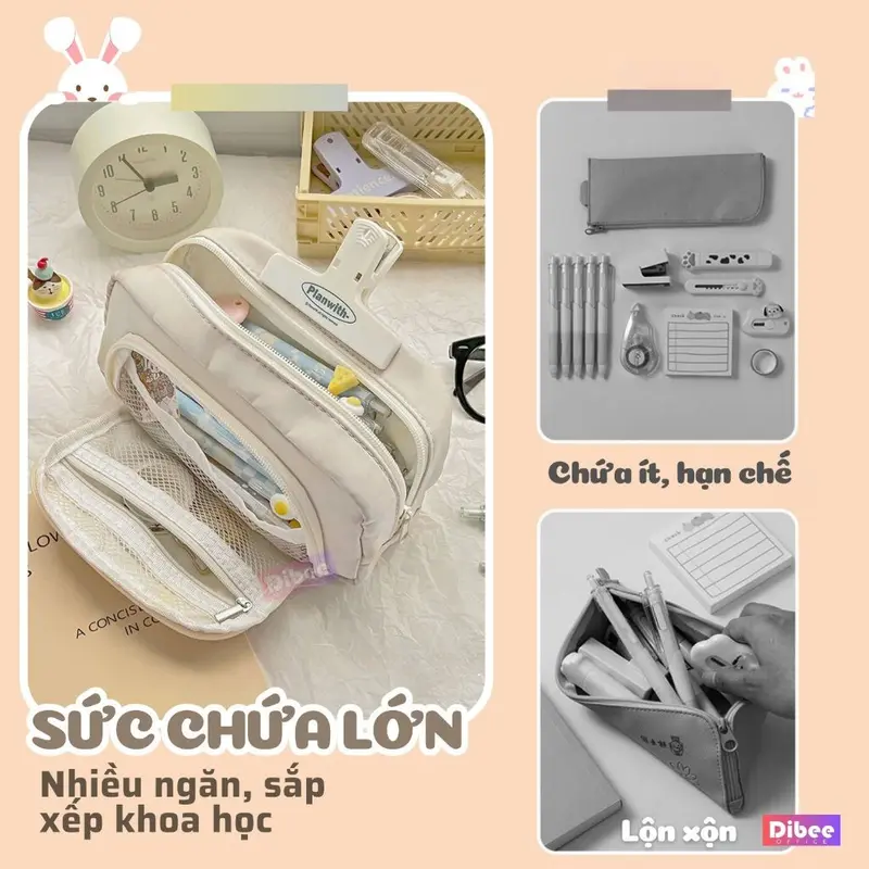 Túi đựng bút DiBee hình cún dễ thương, túi vải canvas nhiều ngăn, sức chứa lớn, cho học sinh, nhân viên văn phòng TB156 2