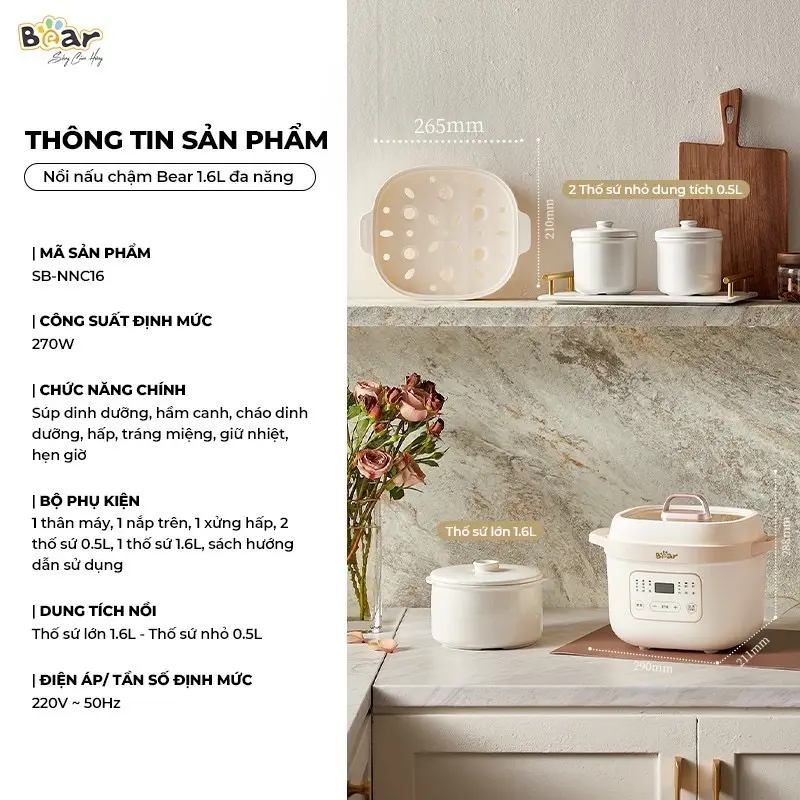 Nồi Bear 1.6l nấu cháo chậm ăn dặm cho  bé (1 thố to, 2 thố nhỏ) 3