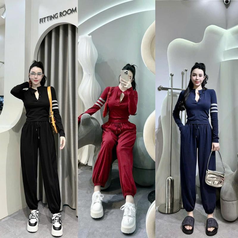 Set Bộ 3 Sọc Tay Thể Thao Cổ Tàu Cúc Cài Quần Boom Jogger Đồ Bộ Nữ Top Women TTN505 Sport Chạy Bộ Tập Gym Tập Thể Dục
