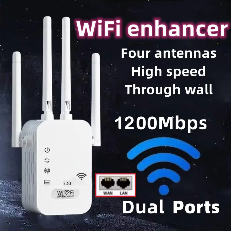 2024 New Wireless WiFi Repeater 4-antenna1200 Mbp Router Wifi Extender Signal Amplifies