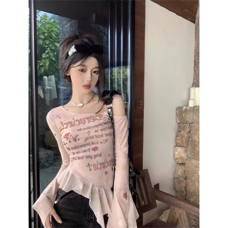 Áo Thun Nữ Dài Tay, Trễ Vai, Tay Áo Loe, Khâu Lưới, Bất Đối Xứng, Áo Vai Nghiêng Voi Women Top Voan Sơ Mi Shirt Jean outfit Màu Hồng 3