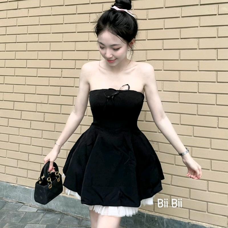Đầm xoè cúp ngực đính nơ dáng A phối lưới cho nàng đi chơi, đi tiệc Nữ Women Dress váy xinh hồng, xám, đen váy dự tiệc