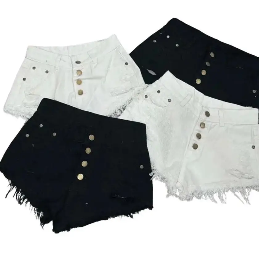 Quần short kaki 4 nút gài kèm rách tua rua Nữ/ Quần đùi kaki rách nút lưng cao 2 màu trắng đen nữ/ Quần short rách nữ Kem Women Pants Ren