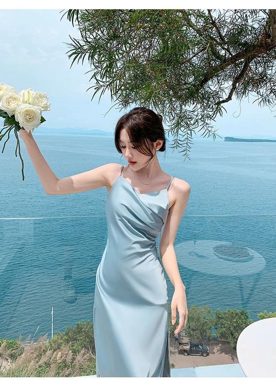 Product Introduction of D2829-French blue suspender dress, women's summer satin texture, high-end feeling, slim fit temperament, design sense, unique dress 8