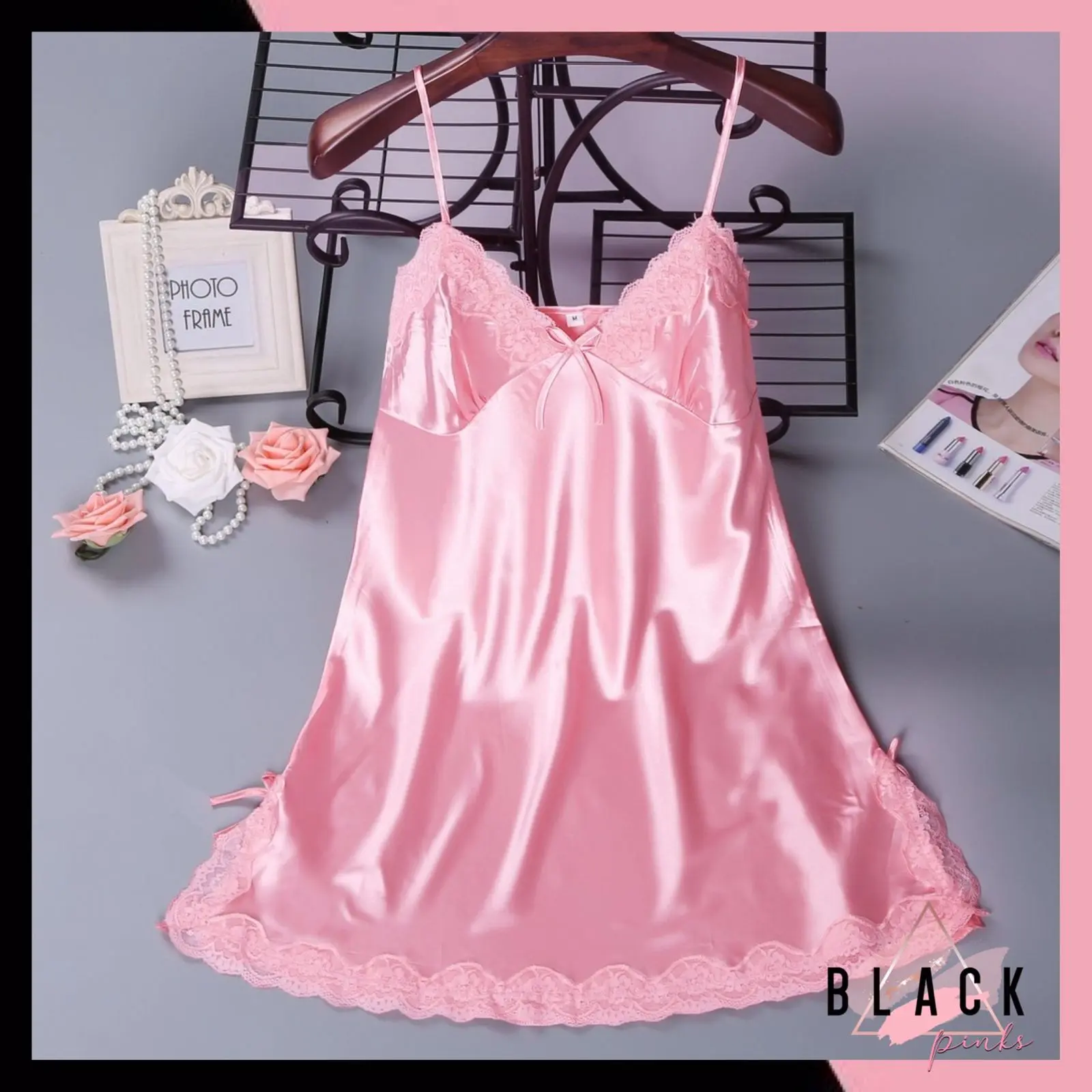 Blackpink Dress Lingerie Baju Tidur Mini Daster Satin Gaun Renda Dewasa Wanita Lace Mesh 3047