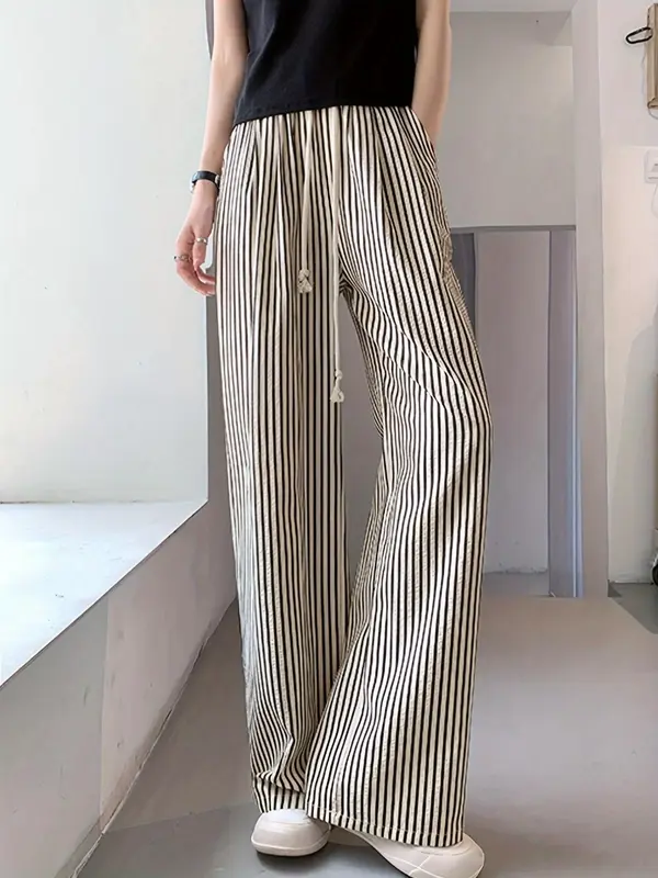 Women's Striped Print Elastic Waist Wide Leg Pants, Casual Comfy Trousers for Spring & Fall, Women's Bottoms for Daily Wear 3