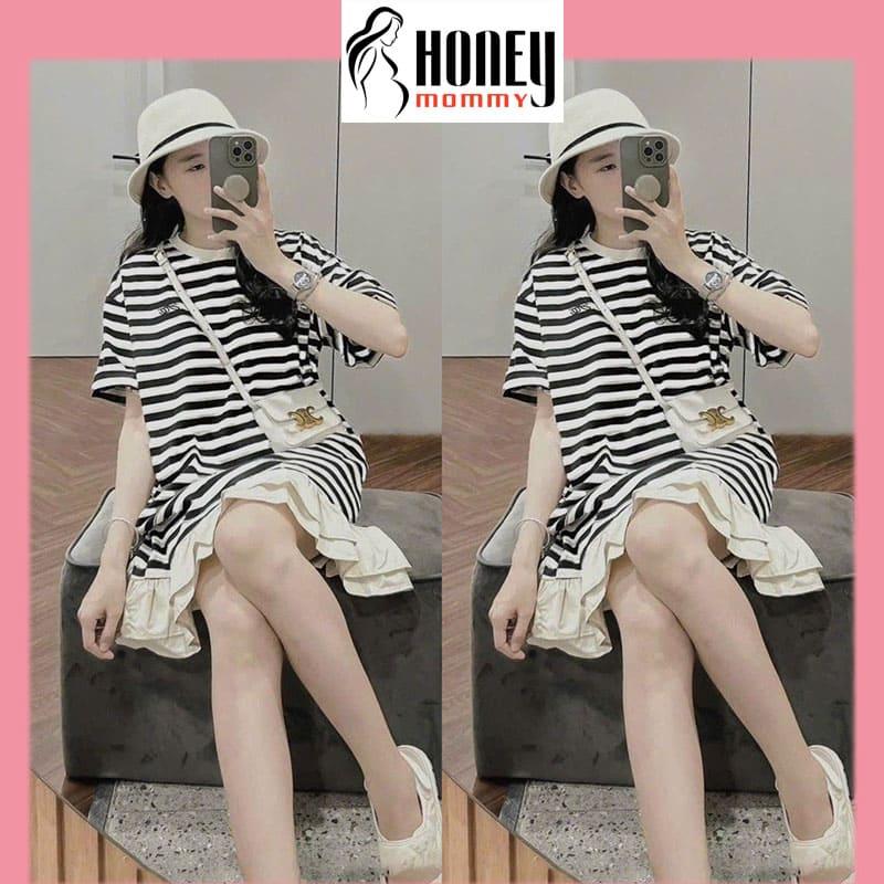 Váy Bầu Dáng Suông Ngắn Tay Sọc Kẻ Phối Chân Voan Xinh Xắn Đầm Bầu Công Sở Đi Chơi Trẻ Trung HD2789 Honey Mommy Váy Nữ Women Dress