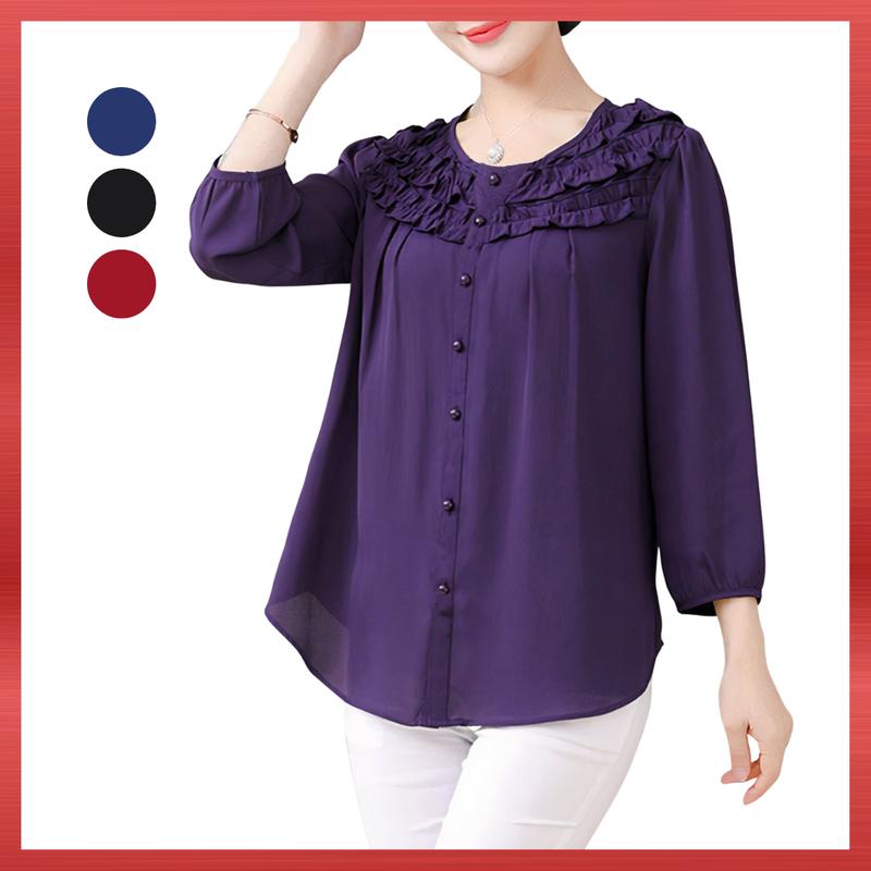 Áo Trung Niên Bigsize A355, Mẫu Áo Sơ Mi Nữ Voan 2 Lớp Tay Lỡ Cổ Tròn Viền Bèo Tặng Mẹ, Top Women Shirt Thời Trang NP Clothing U50