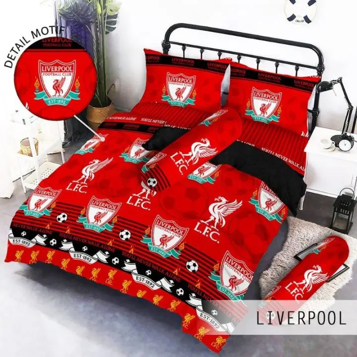 SPREI DISPERSE BANTAL DAN GULING MOTIF BOLA LIVERPOL HIGH QUALITY Karet Katun