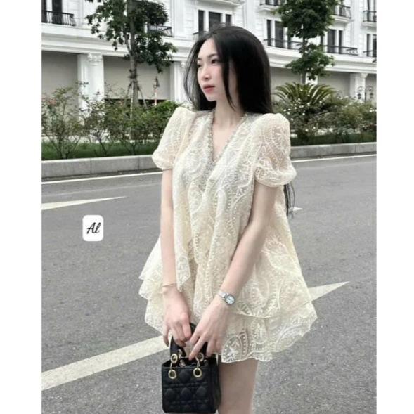 Set bộ chân váy tiểu thư cổ áo thêu đá lấp lánh tay áo bồng 3