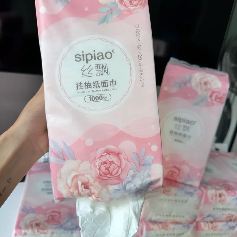 Thùng 10 Bịch Giấy Treo Đa Năng SIPIAO Hoa Hồng, Khăn Rút Treo Trường, mỗi bịch 1000 tờ dai mềm từ bột tre. 3