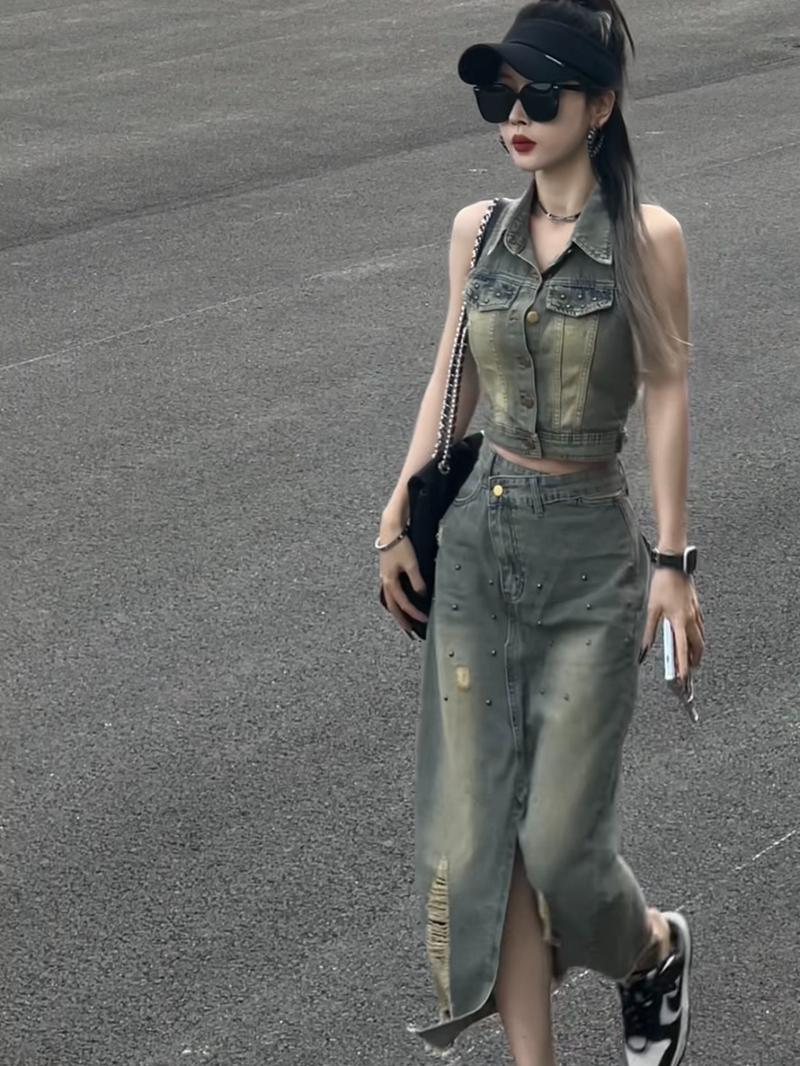 Product Introduction of Áo Khoác Vest Denim, Phong Cách Cổ Điển Dành Cho Nữ, Cạp Cao, Váy Dài Xẻ Tà, Xu Hướng Thời Trang Mùa Hè, Bộ Đồ Tuyệt Vời, Cho Nữ 12