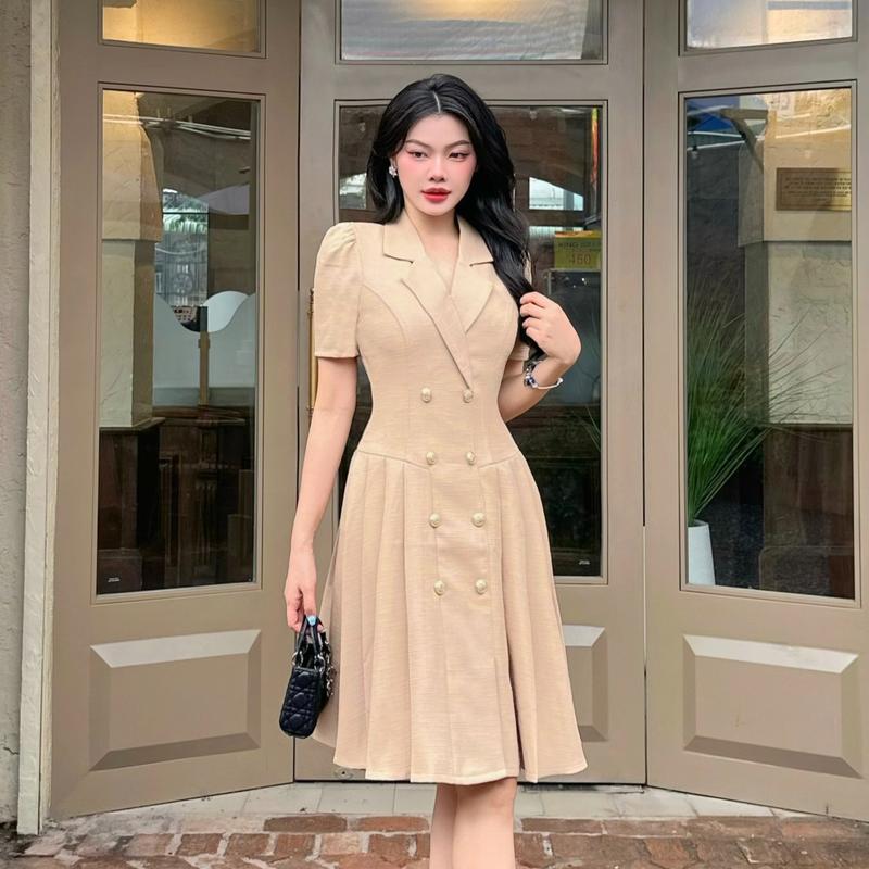 Đầm Nữ vest dự tiệc thiết kế Nhật Vy tay ngắn đính nút xếp ly dáng ôm chất linen gân phù hợp đi chơi sang trọng - D2786 Women Dress Kem