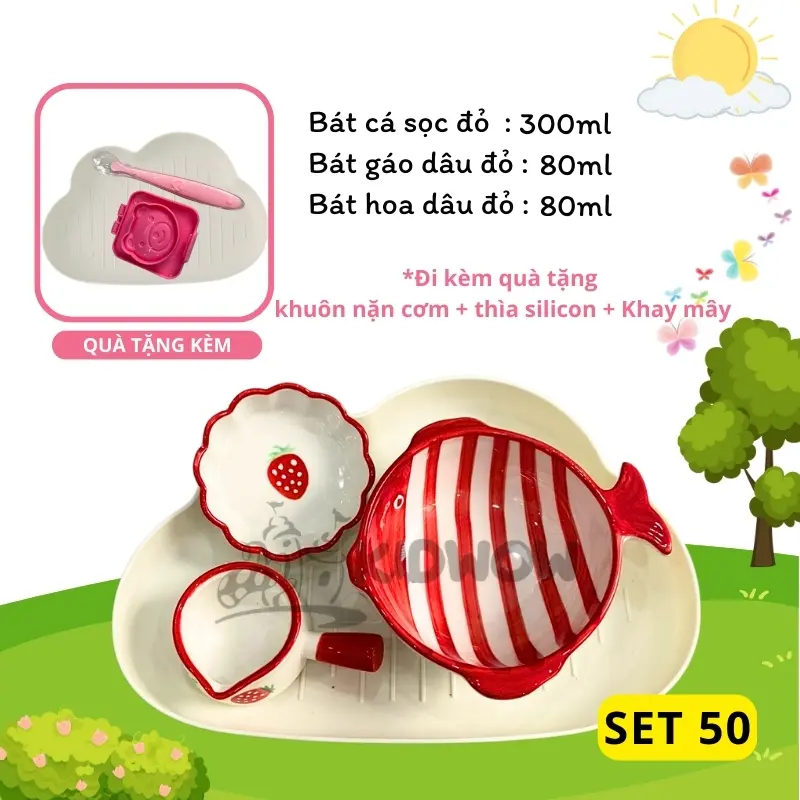 [TẶNG THÌA SILICON+ KHUÔN CƠM+ KHAY MÂY] Bộ Bát Sứ Ăn Dặm Cho Bé Siêu Đáng Yêu 5