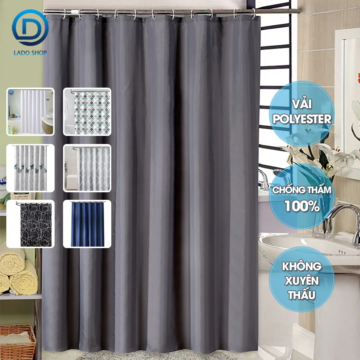 Rèm nhà tắm Poliester không thấm nước, dày dặn và chắc chắn, đa dạng mẫu mã họa tiết khác nhau