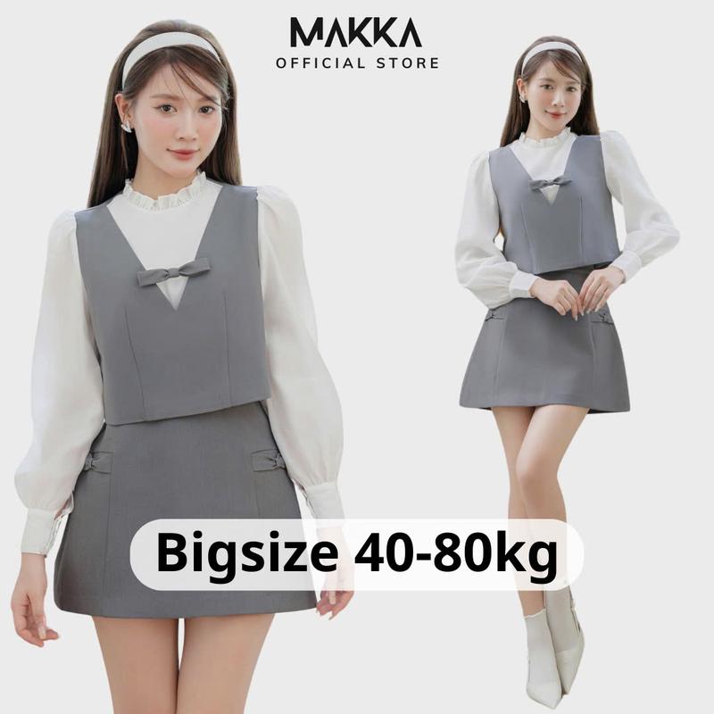 Set đồ nữ thiết kế MAKKA set áo cách điệu dài tay cổ bèo phối nơ ngực mix chân váy dáng A phối nơ 1005