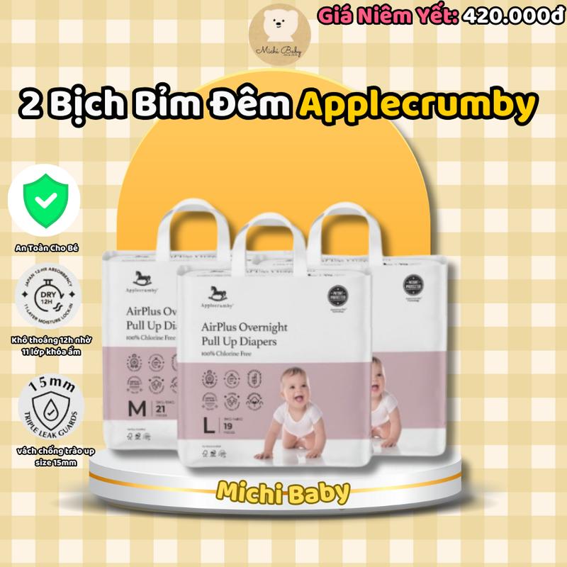 Michibaby- Combo 2 Bịch Bỉm Đêm Applecrumby AirPlus Overnight Cho Bé NB/S/M/L/XL/XXL, tã bỉm siêu thấm hút- Michi Baby MC574