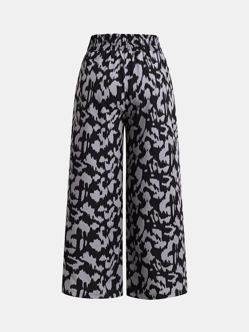 Product Introduction of Curvzy Plus Size Autumn Aesthetic Back to School All Over Print Frill High Waist Wide Leg Pants, Casual Comfy Fashion Trousers for Daily Wear, Women's Bottoms for All Seasons 23