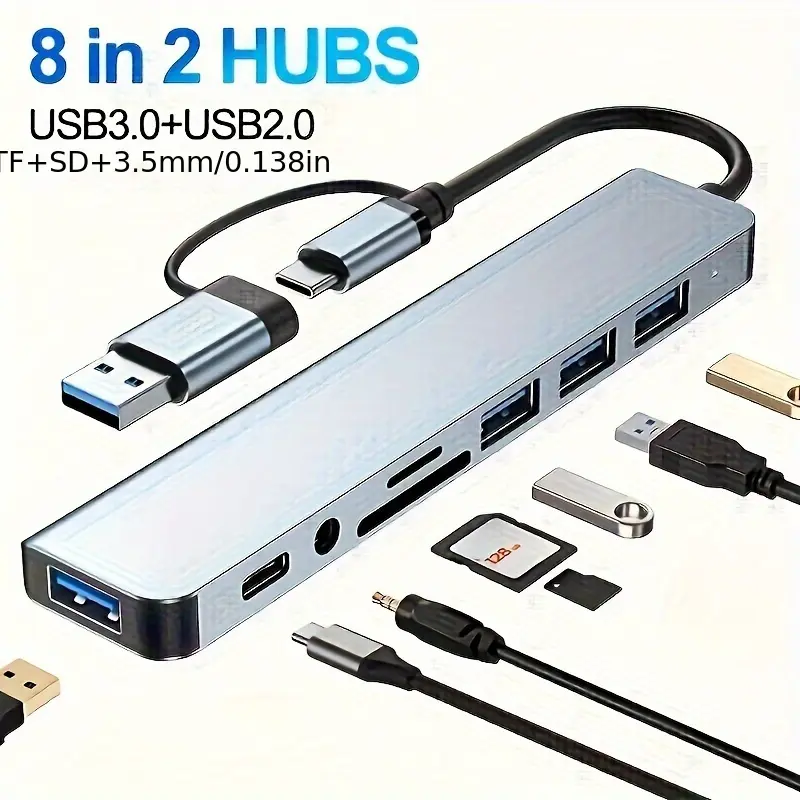 Product Introduction of Space-Saving 8-in-1 USB Hub with Audio Jack, Multi-Port Adapter for Tablets, USB-Powered, 5V Operating Voltage, Compatible with Tablets 0