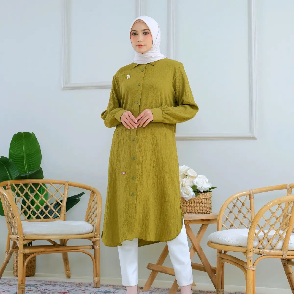 ILONA Tunik Oversize Polo Linen Muslim Wanita Atasan