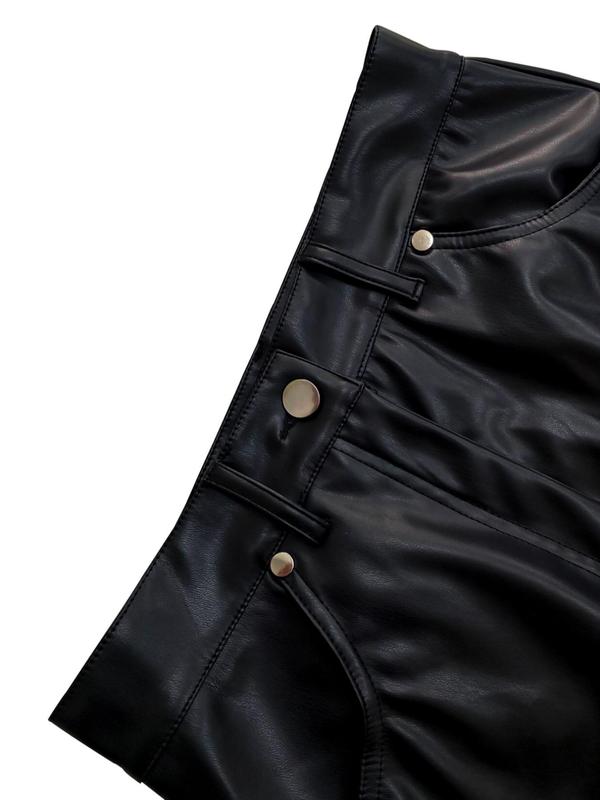 Women's Solid Pocket Zipper Flare Leg Pu Leather Pants, Fashion Casual Button Trousers for Daily Outdoor Wear, Women's Bottoms for Fall & Winter 2