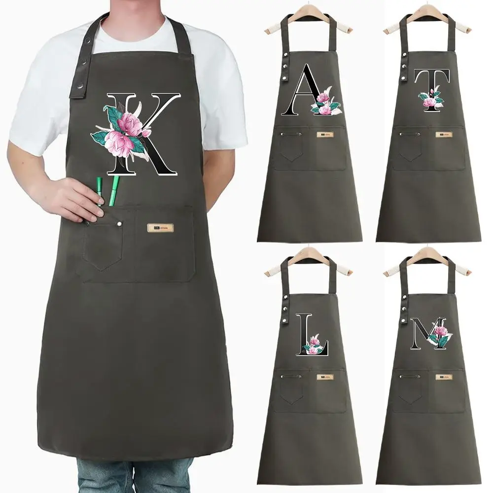 Letter & Flowers Pattern Apron with Pocket, 1 Count Adjustable Shoulder Strap Apron, Professional Apron for Cooking, Gardening, Painting, Baking, Restaurants