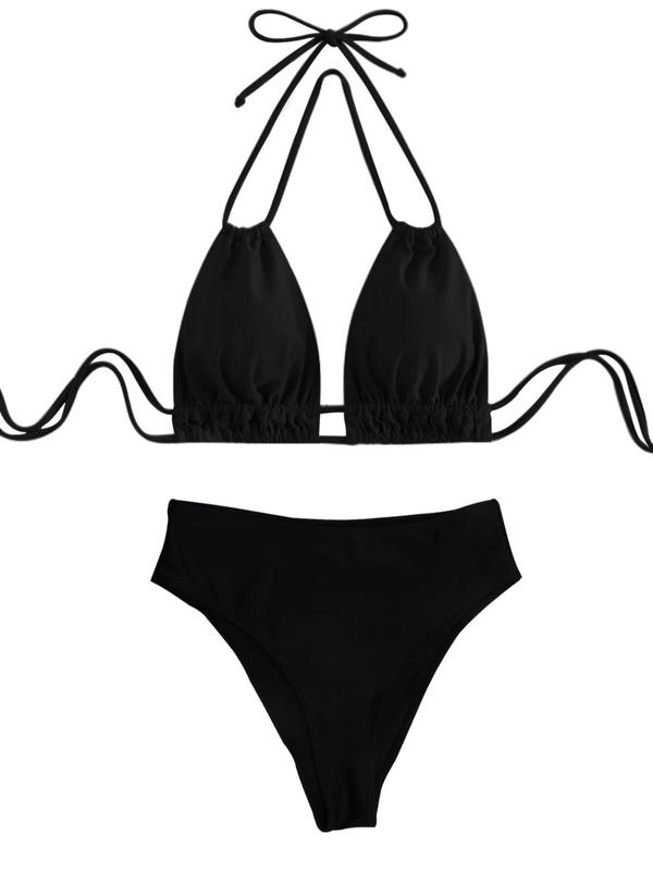 Women's Solid Backless Halter Bikini Set, Ruched Tie Back Swimsuit Top & Swimsuit Bottom, Swimsuit Sets, Bathing Suits 2024 for Women 5