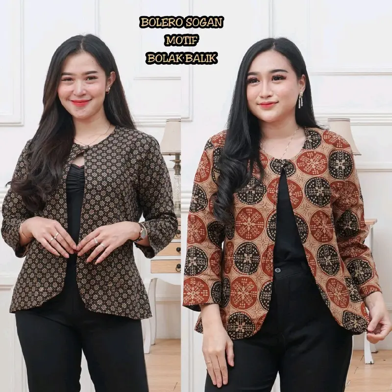 Outer Wanita Blezer Kerja Batik Bolak Balik 2 Motif 2 in 1 Real Pict Kancing Blazer Atasan Hitam Casual Kotak Panjang Baju 2