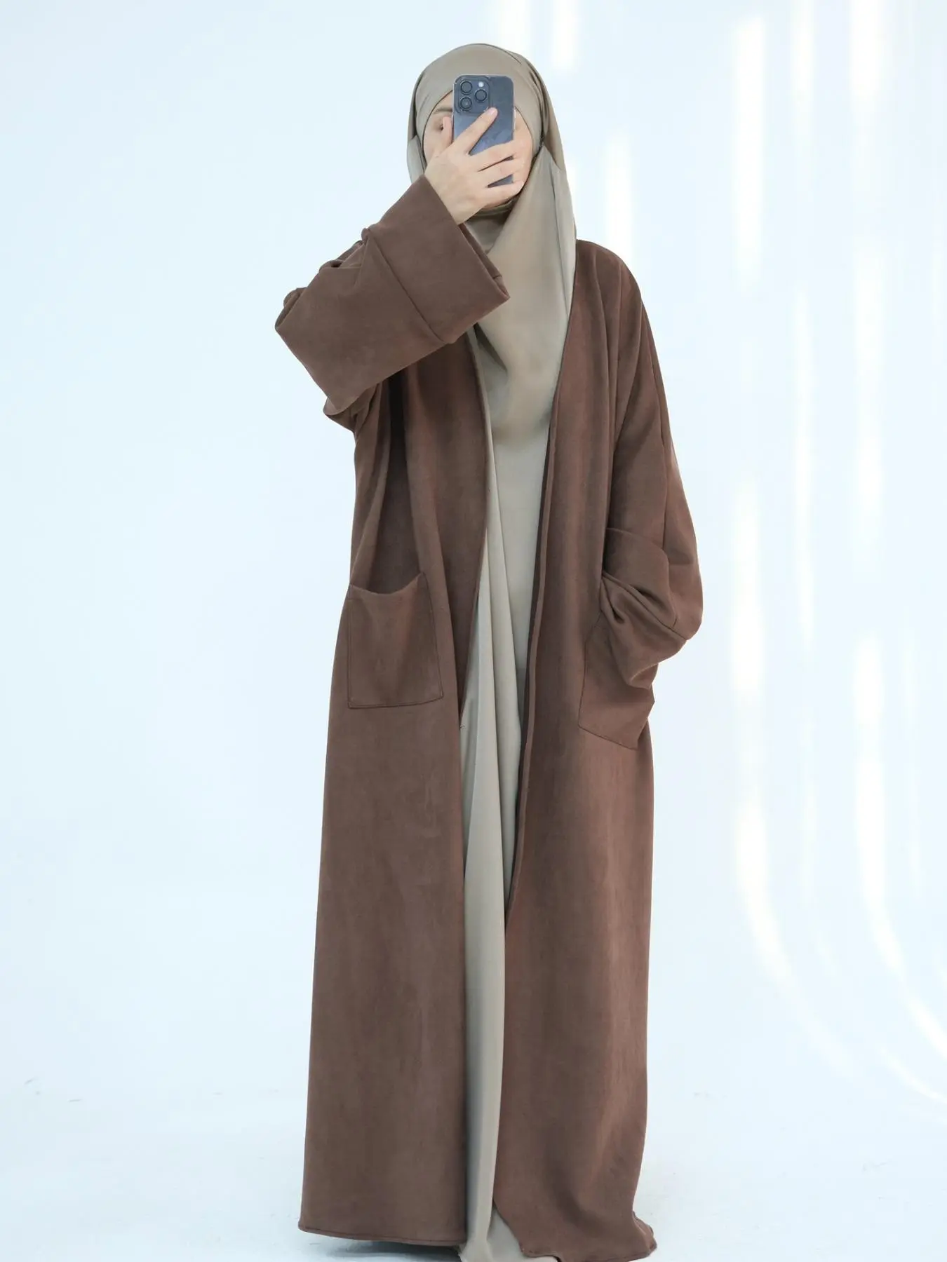 Women's Solid Pocket Open Front Suede Coat, Casual Long Sleeve Outerwear for Fall & Winter, Ladies Clothes for Daily Wear