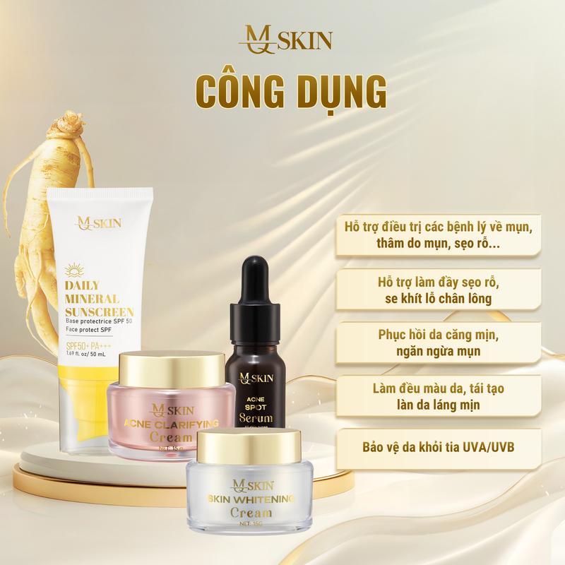 Combo Mụn Kem Face Mụn + Serum mụn + Kem Face Dưỡng + Kem Chống Nắng - Hỗ Trợ Cải Thiện Da Mụn Thâm Tặng 3 Tuýp Nạ Gold Women Skincare Làm Đẹp Da MQ SKIN