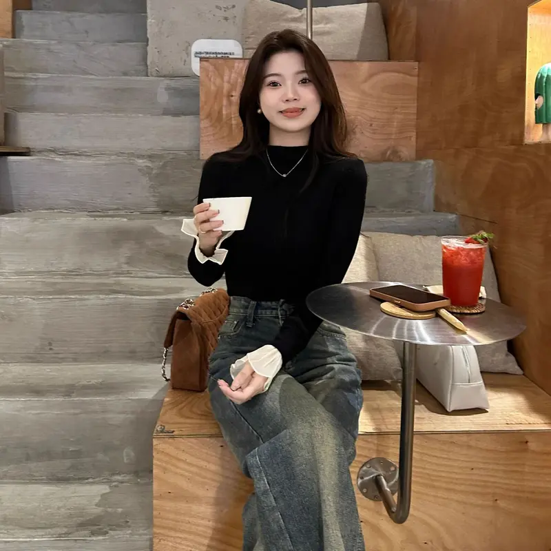 Super Sale! BF5-Z # 112A Áo Thun Đen, Hàng Mới Về, Có Tay Loe, Mềm Mại Và Co Giãn Top Nữ Women Sơ Mi Cổ Tròn Shirt 7