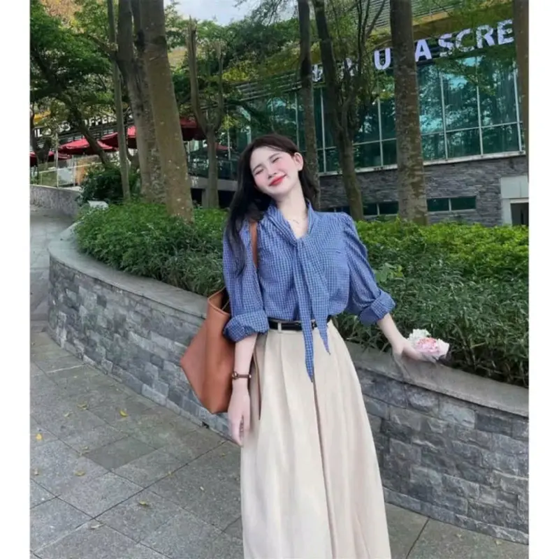 Sét bộ váy 3 món Nữ chất cotton lạnh dáng dài xòe maxi thiết kế áo sơ mi dài tay cột nơ cổ kèm đai lưng tiểu thư xinh đẹp mặc đi chơi hẹn hò ăn uống Văn phòng thanh lịch  Women Dress 8