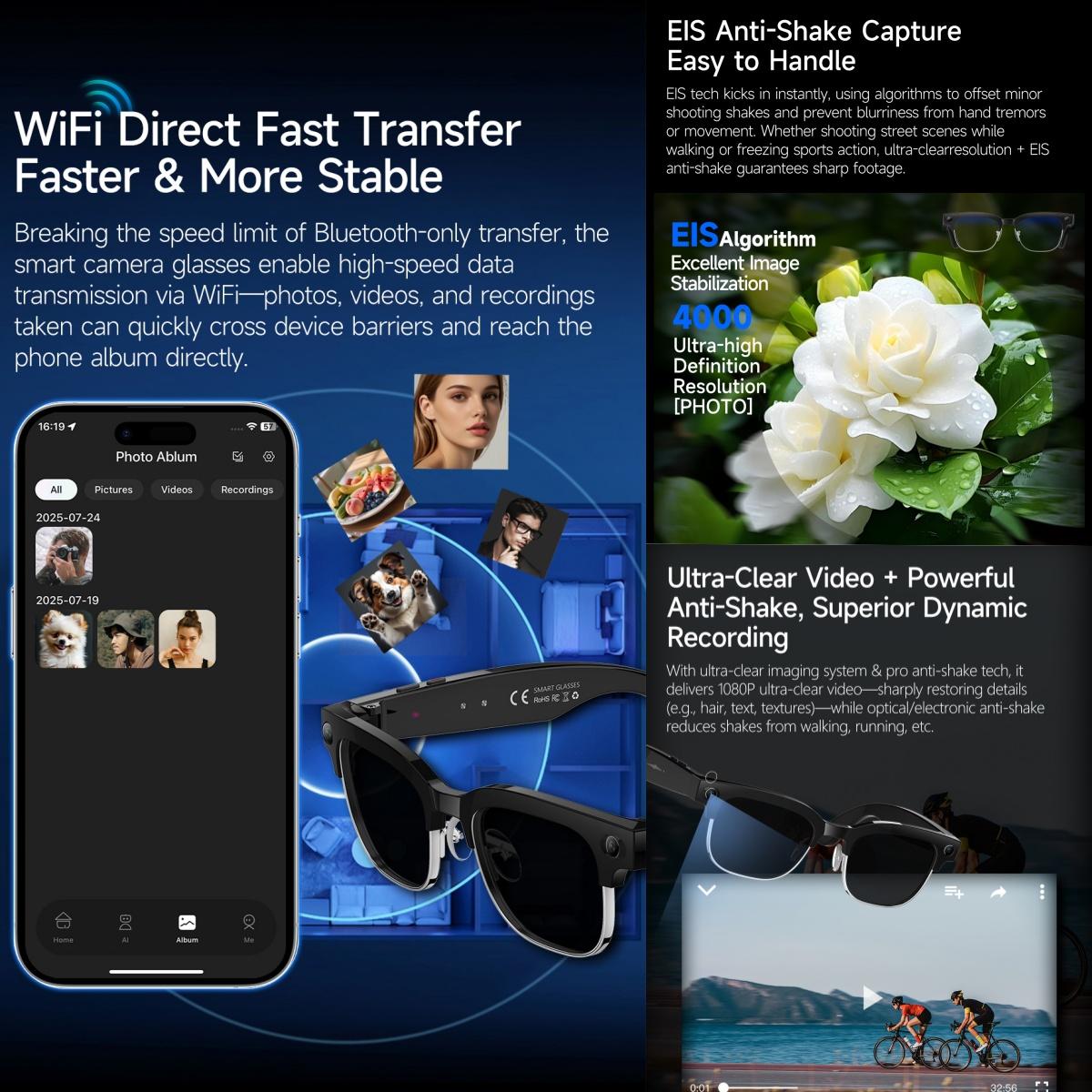 2026 smart glasses bluetooth camera Recording Videos AI Photo Recognition Answer 100+ Languages Translation Music Play Men Wome