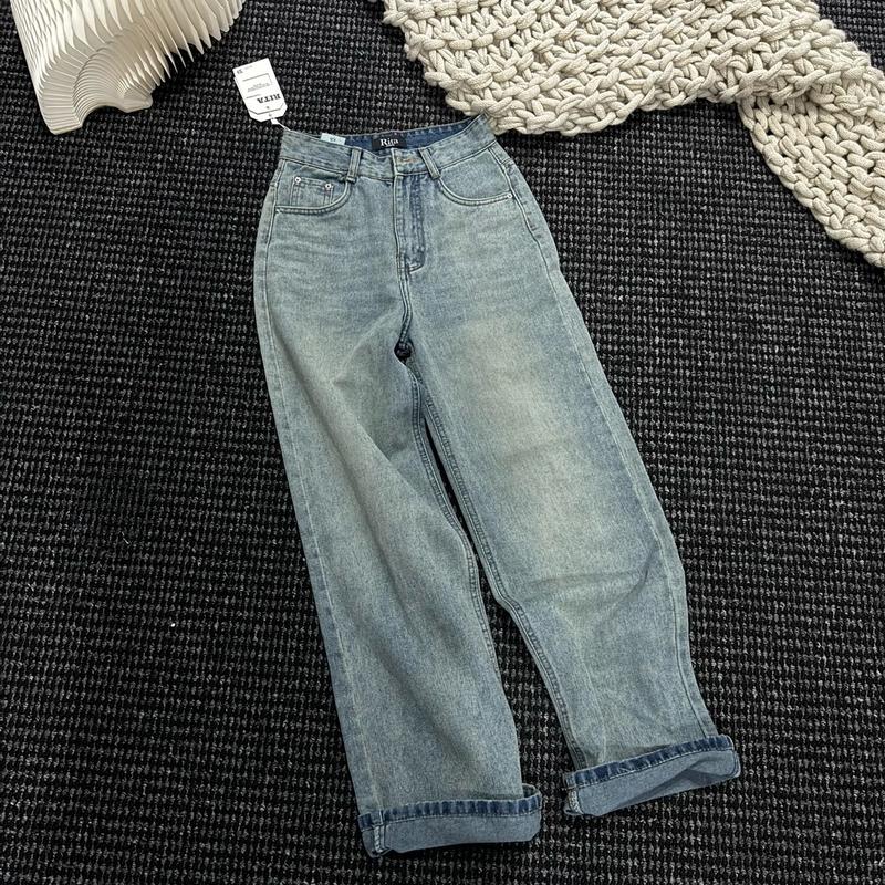 (RITA JEAN)A40 Quần Bò Nữ Màu Xanh Trung Trắng Bụi Lạ Lưng Cao Vải QC Mềm Mịn Không Giãn Lai Cuốn RiTa 7