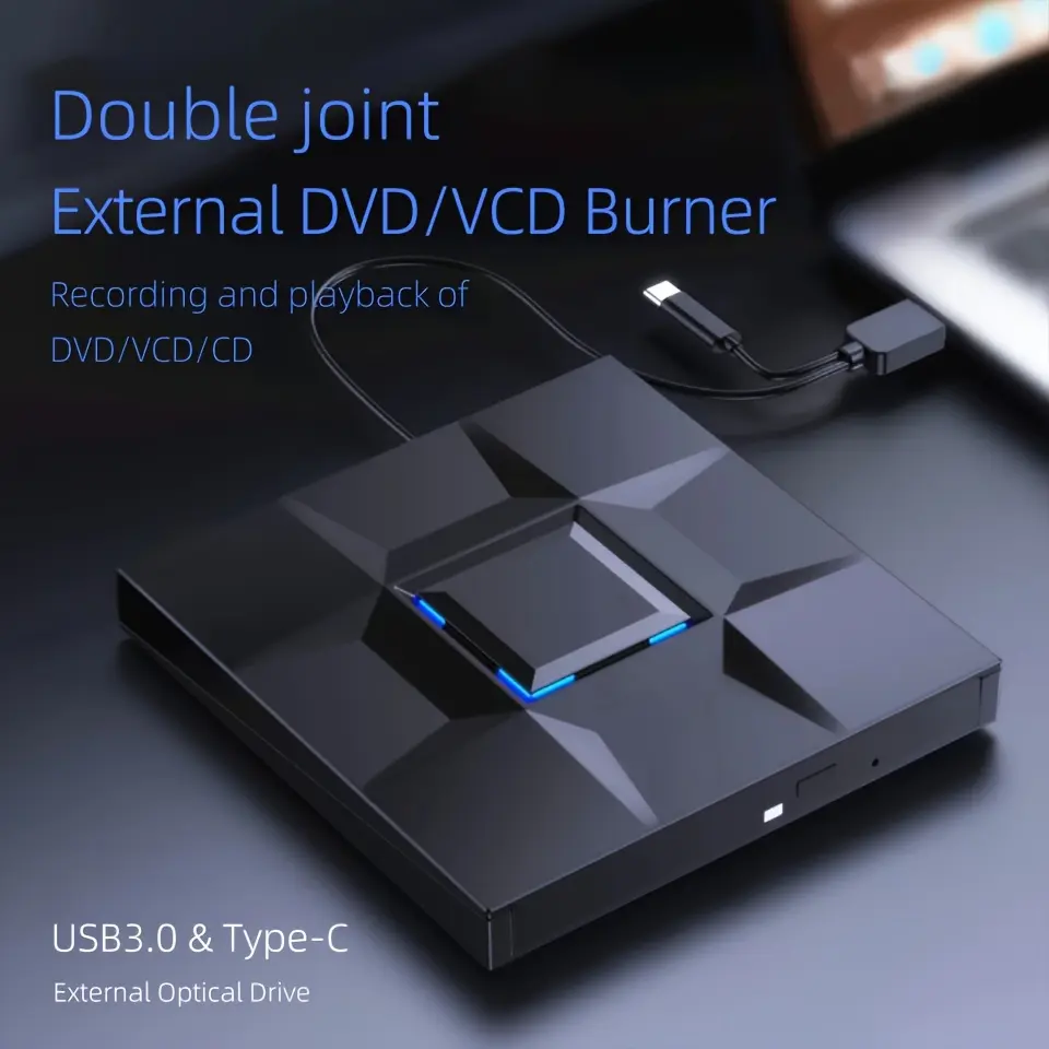External DVD Drive USB3.0 & Type-C Portable CD DVD +/-RW Drive DVD/CD ROM Burner, CD DVD Player, Compatible With Laptops And Desktops, Nine-grid Style With Blue LED Light Burner