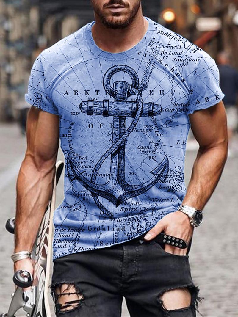 Product Introduction of Men's Letter & Anchor Print Round Neck Tee, Summer Clothes Casual Regular Fit Short Sleeve T-Shirt for Summer, Mens Clothes for Daily Wear 7