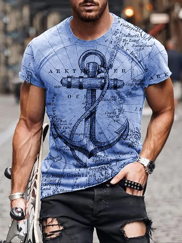 Men's Letter & Anchor Print Round Neck Tee, Summer Clothes Casual Regular Fit Short Sleeve T-Shirt for Summer, Mens Clothes for Daily Wear 1