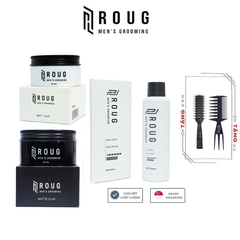 Gôm xịt tóc nam nữ Roug Hair Spray 250ml + Sáp vuốt tóc nam Roug Matte, Matt Clay 90gr cao cấp Singapore + Tặng lược Chaoba và Lược Texture Roug Men's Grooming Chăm Sóc Tóc