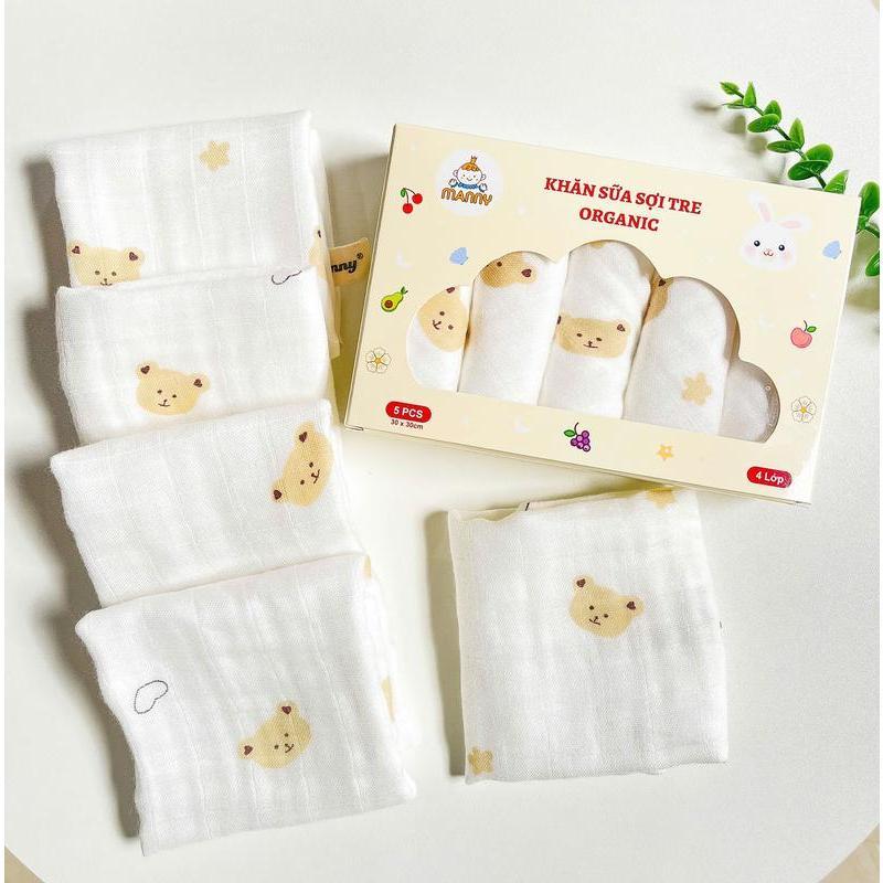 Hộp 5 Khăn Sữa Sợi Tre Organic 4 Lớp Cao Cấp Manny Chính Hãng Kháng Khuẩn Siêu Mềm Và Thấm Hút Cho Bé
