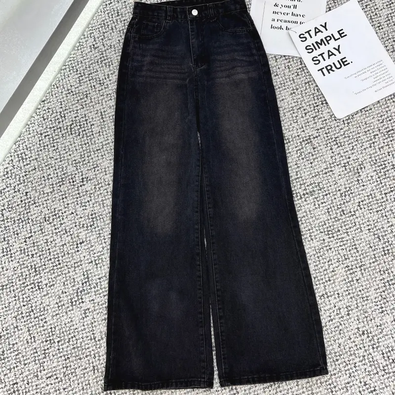 Quần jean ống rộng loe màu retro màu mài đen/trắng Women - Denim Pants 7613/6222 6