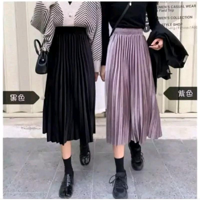 NEW!!! Rok plisket 7/8 bludru Velvet all size Fit Karet Mewah Wanita Nyaman Melar 4