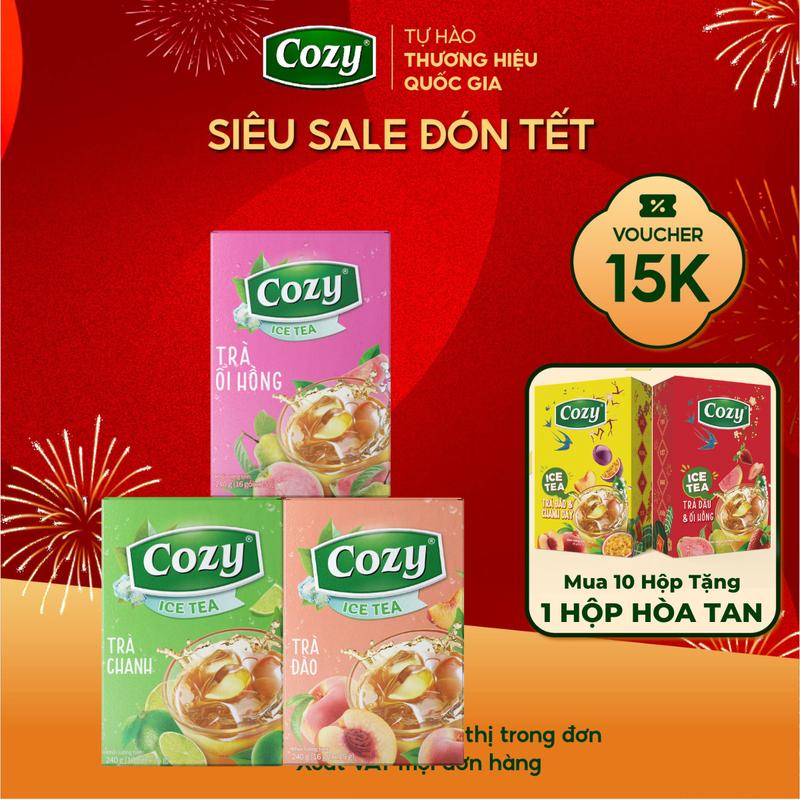   Voucher 15k - Lộc Đón Xuân  Combo 3 Trà Hoa Quả Trà đen Hòa Tan Cozy Tea Vị Đào Chanh Ổi Hồng Thơm Ngon Dễ Uống Nước Trà Thơm Chè Sạch Tươi Nguyên Chất  Hộp 16 Gói  