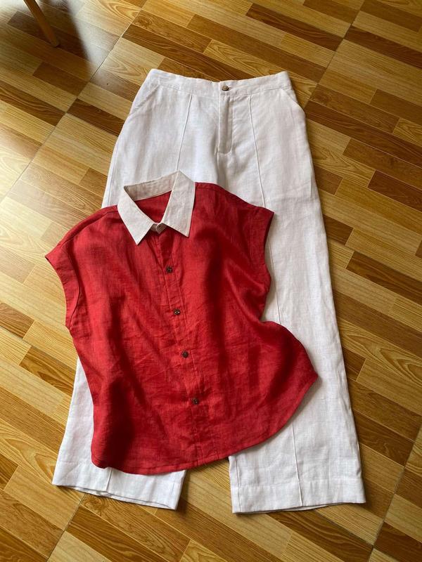 Sét Áo Ngắn Tay Áo Sát Nách Đỏ Kèm Quần Nữ Linen Dài Qua Gối Quần Dáng Suông Nữ Trắng Tiêu Đi Biển Đi Chơi Du Lịch S7988