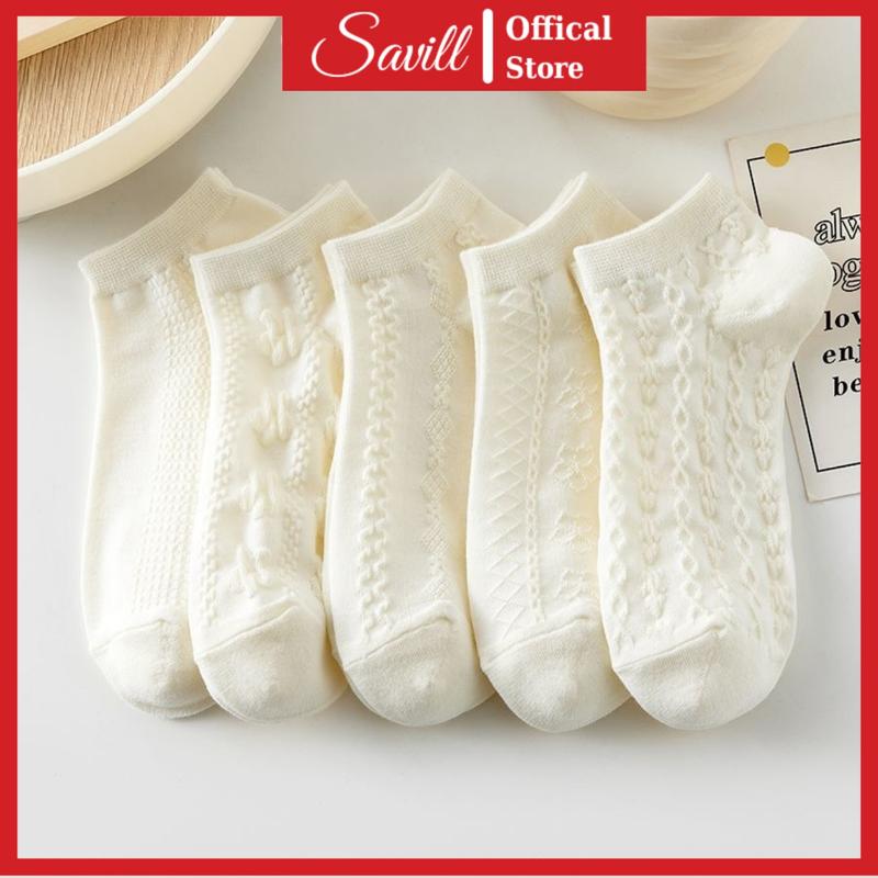 Combo 5 Tất nữ cotton màu trắng basic, Set 5 đôi Vớ nữ ôm chân giữ nhiệt SAVILL T632 Women