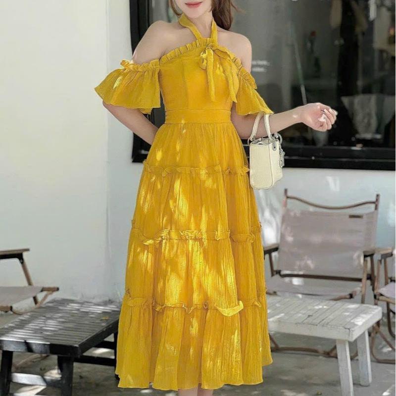 Đầm lụa dạng yếm thắt nơ cổ 1