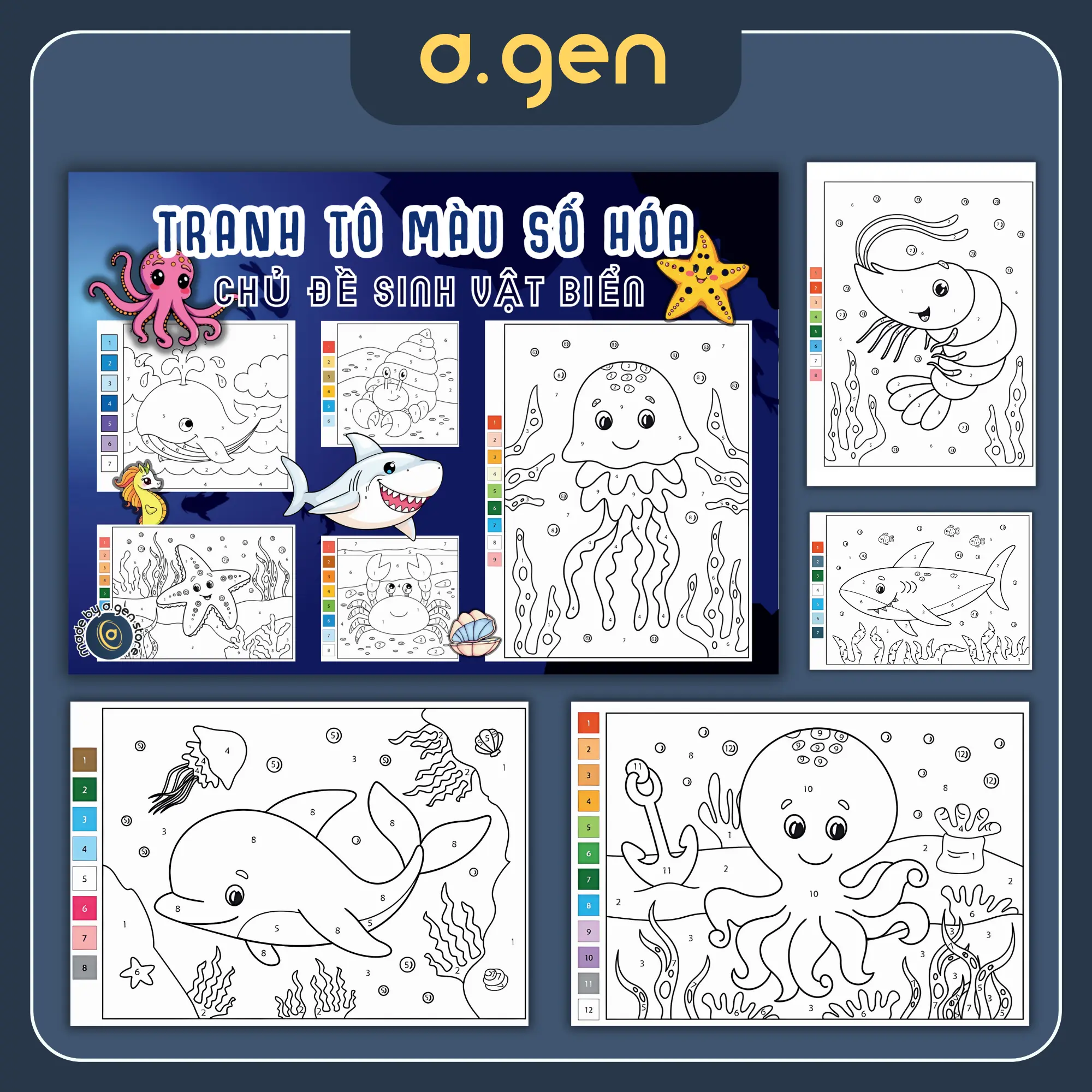Bộ 34 Tranh tô màu số hóa cho bé - Chủ đề Sinh vật Biển – SH001 Đồ Chơi Sticker