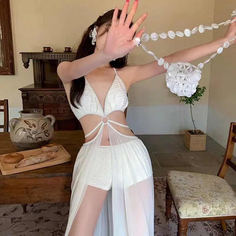 Set đồ đi biển Bikini 2 mảnh áo bơi nữ đi biển áo kèm voan choàng màu trắng quần cạp cao Sport che bụng tốt 986828 A-15 Chạy Bộ 2